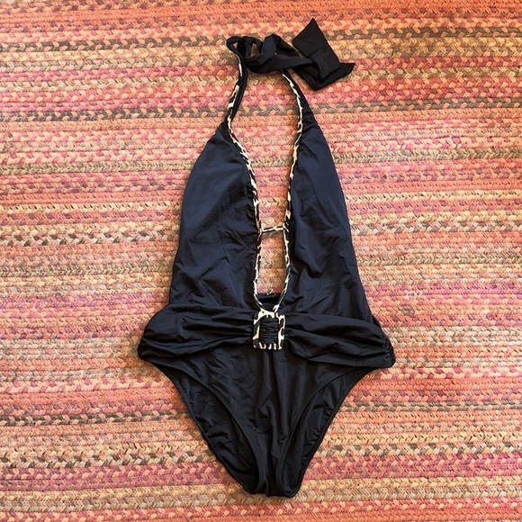 NANETTE LEPORE SEXY BLACK ONE PIECE CHEETAH PRINT TRIM BELTED SWIM BIKINI - Picture 1 of 5